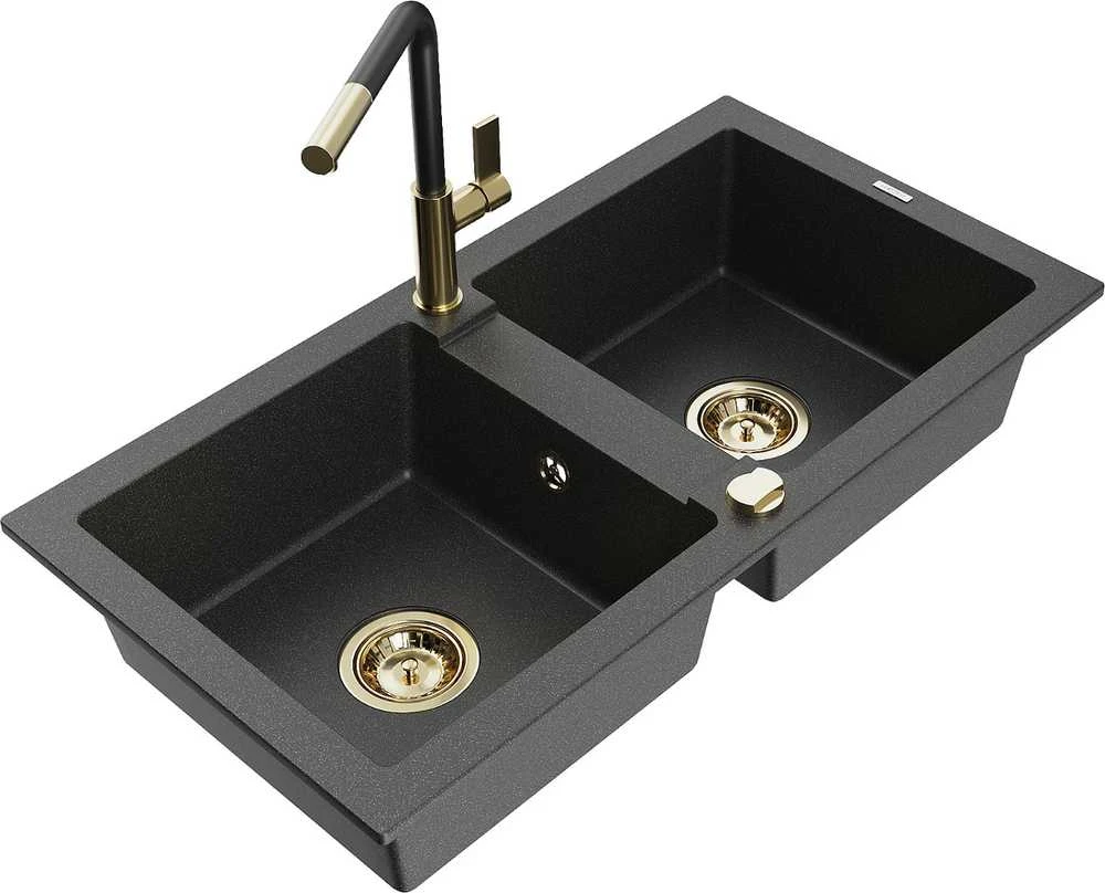 Granitinė virtuvinė plautuvė Mexen Mario su maišytuvu ir sifonu, Juodas granite+Juodas/Gold