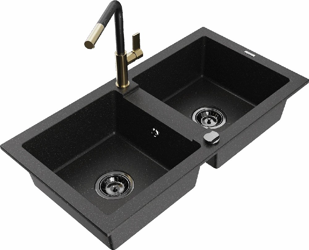 Granitinė virtuvinė plautuvė Mexen Mario su maišytuvu ir sifonu, Metallic juodas/sidabrinis+Juodas/Gold
