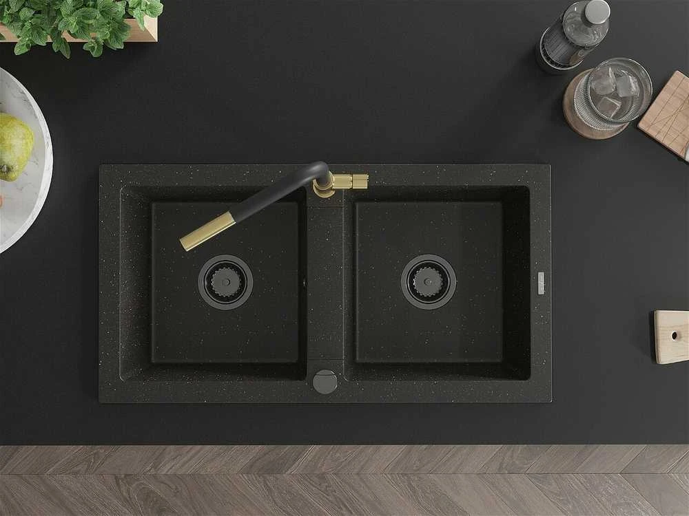 Granitinė virtuvinė plautuvė Mexen Mario su maišytuvu ir sifonu, Metallic juodas/auksinis+Juodas/Gold