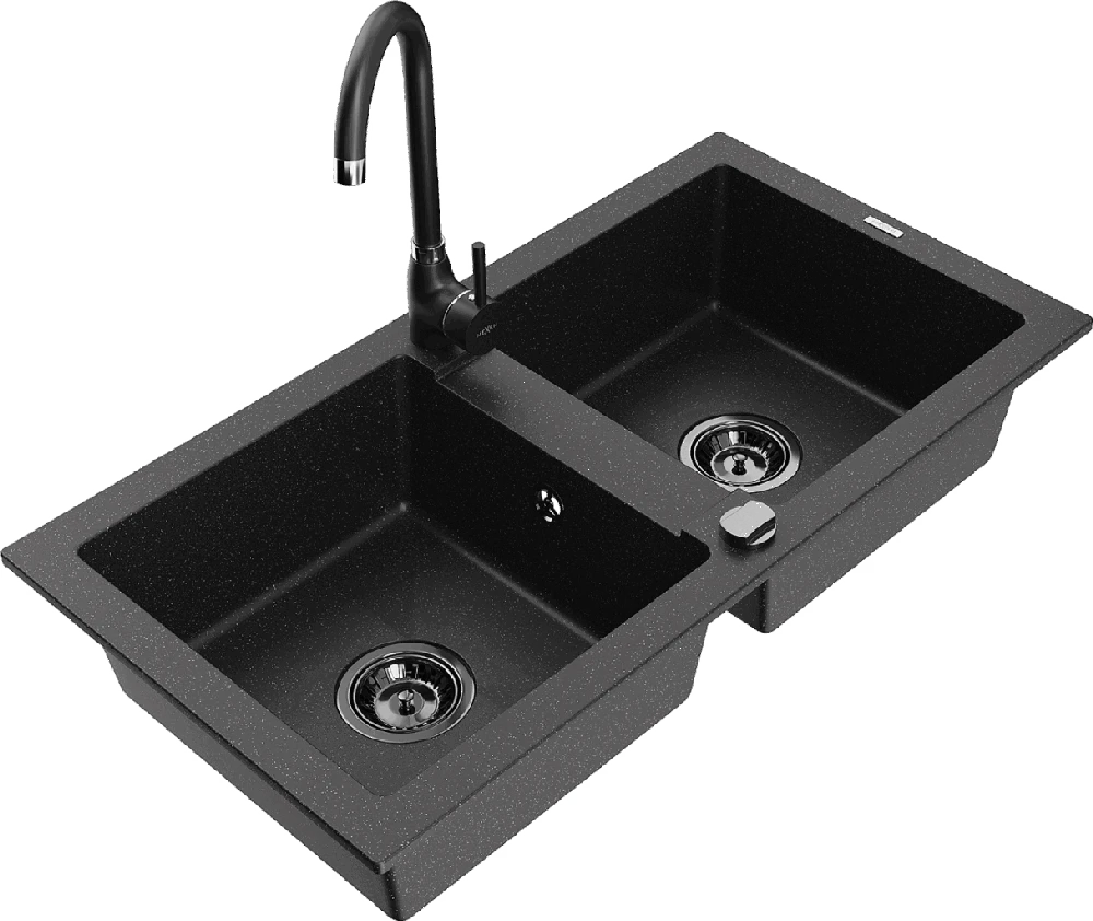 Granitinė virtuvinė plautuvė Mexen Mario su maišytuvu ir sifonu, Metallic juodas/sidabrinis+Juodas