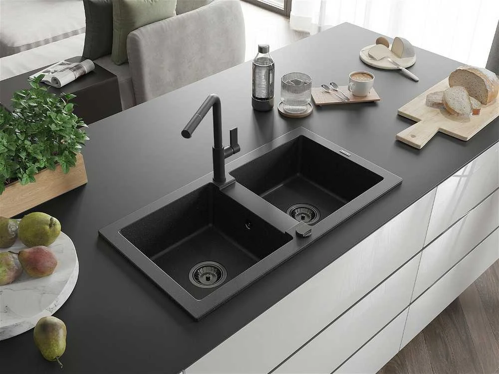 Granitinė virtuvinė plautuvė Mexen Mario su maišytuvu ir sifonu, Metallic juodas/sidabrinis+Juodas