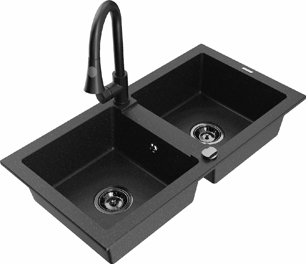 Granitinė virtuvinė plautuvė Mexen Mario su maišytuvu ir sifonu, Metallic juodas/sidabrinis+Juodas