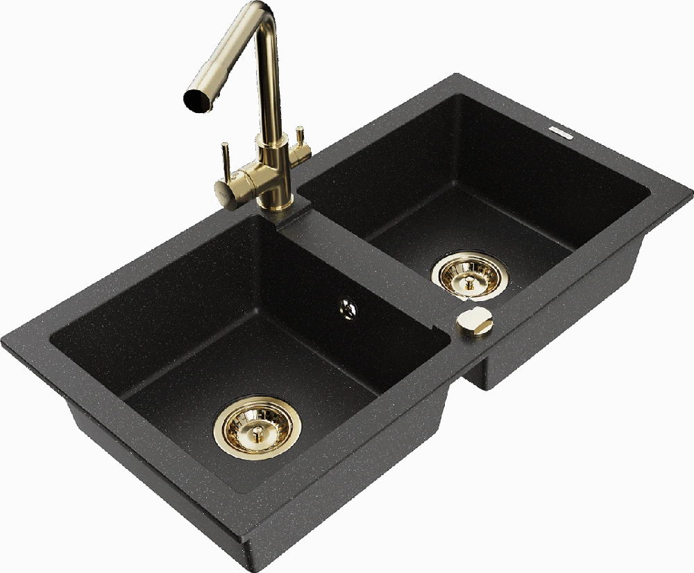 Granitinė virtuvinė plautuvė Mexen Mario su maišytuvu ir sifonu, Metallic juodas/sidabrinis+Gold