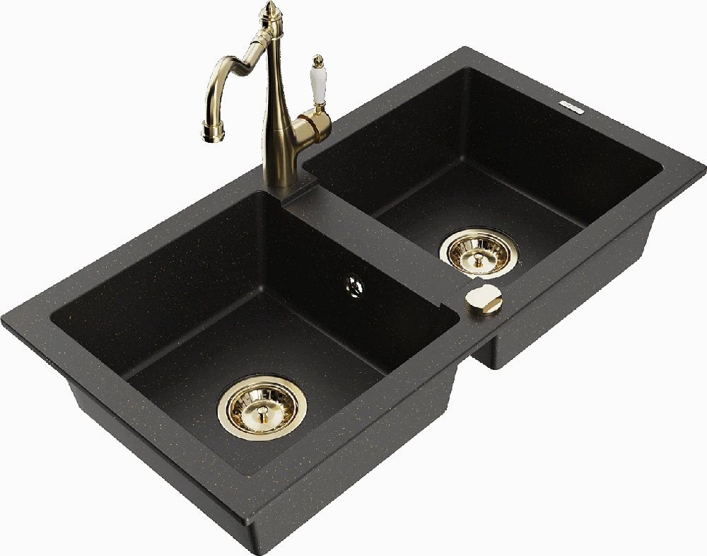 Granitinė virtuvinė plautuvė Mexen Mario su maišytuvu ir sifonu, Metallic juodas/auksinis+Gold