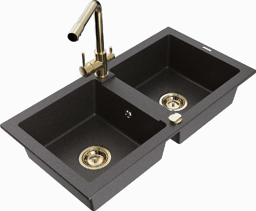Granitinė virtuvinė plautuvė Mexen Mario su maišytuvu ir sifonu, Juodas granite+Gold