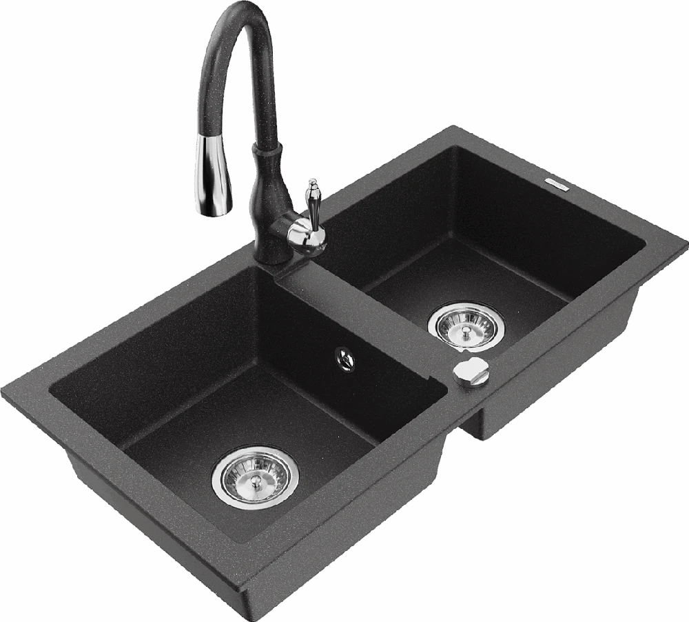 Granitinė virtuvinė plautuvė Mexen Mario su maišytuvu ir sifonu, Juodas granite
