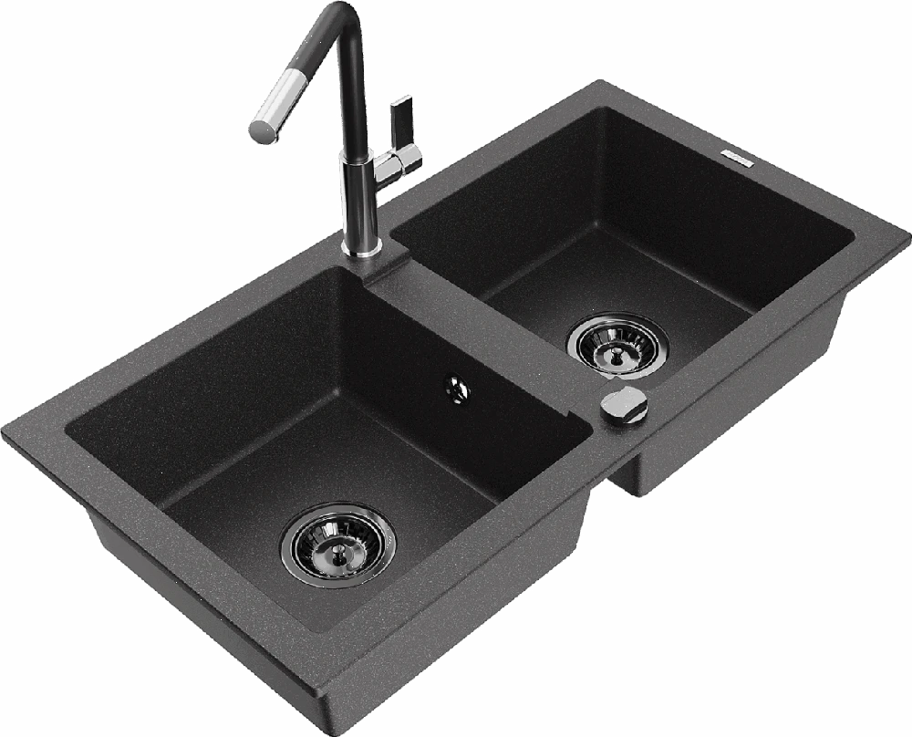 Granitinė virtuvinė plautuvė Mexen Mario su maišytuvu ir sifonu, Juodas granite+Juodas/Chrome