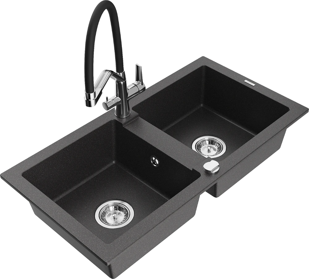Granitinė virtuvinė plautuvė Mexen Mario su maišytuvu ir sifonu, Juodas granite+Juodas/Chrome