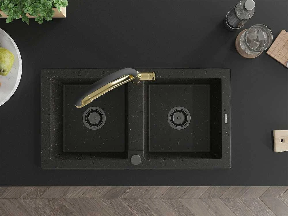 Granitinė virtuvinė plautuvė Mexen Mario su maišytuvu ir sifonu, Metallic juodas/auksinis+Juodas/Gold
