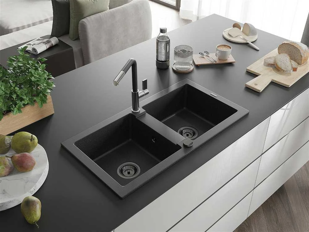 Granitinė virtuvinė plautuvė Mexen Mario su maišytuvu ir sifonu, Metallic juodas/sidabrinis+Juodas/Chrome