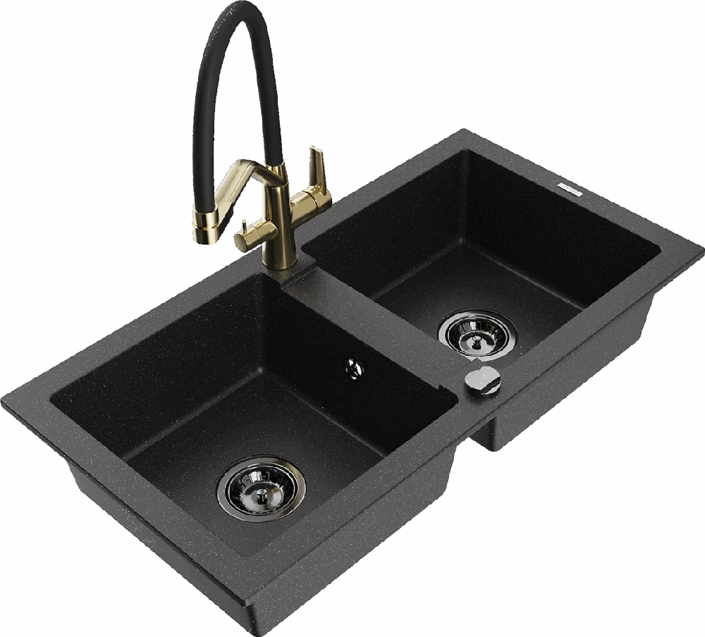 Granitinė virtuvinė plautuvė Mexen Mario su maišytuvu ir sifonu, Metallic juodas/sidabrinis+Juodas/Gold
