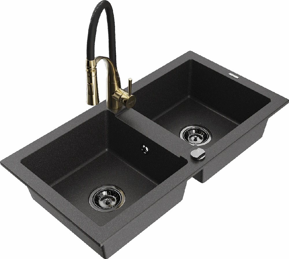 Granitinė virtuvinė plautuvė Mexen Mario su maišytuvu ir sifonu, Juodas granite+Juodas/Gold