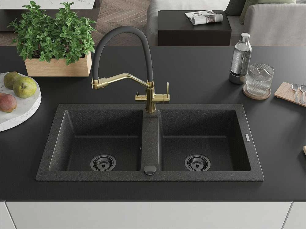 Granitinė virtuvinė plautuvė Mexen Mario su maišytuvu ir sifonu, Juodas granite+Juodas/Gold