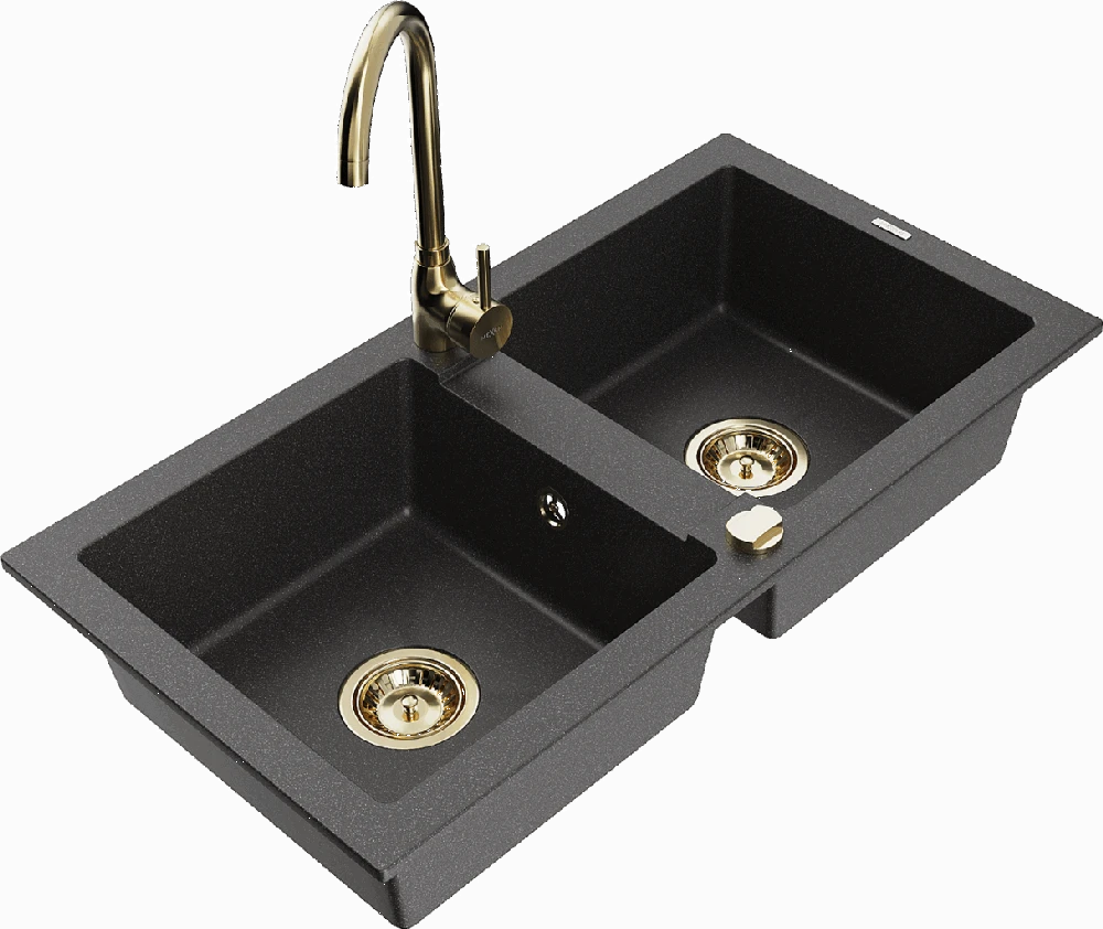 Granitinė virtuvinė plautuvė Mexen Mario su maišytuvu ir sifonu, Juodas granite+Gold
