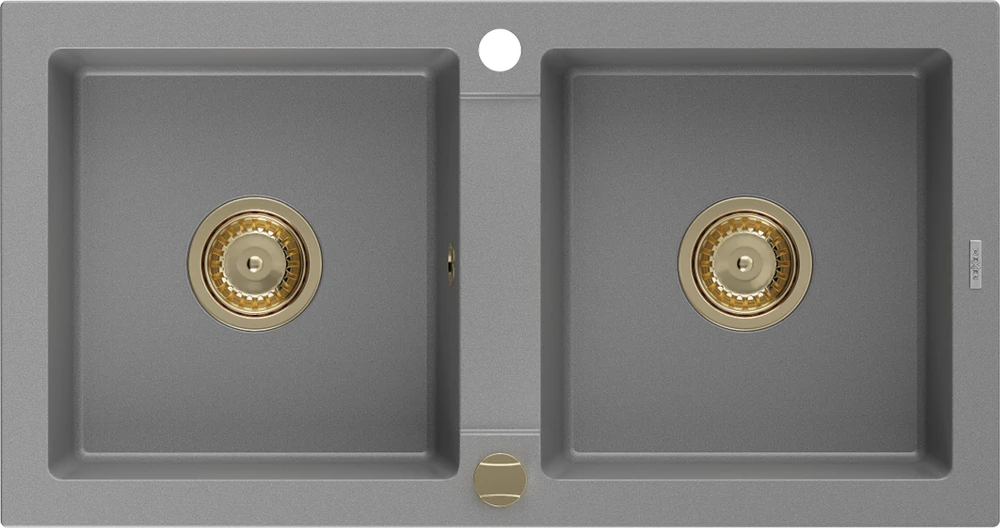 Granitinė virtuvinė plautuvė Mexen Mario su sifonu, Pilkas+Gold, 820 x 436 mm