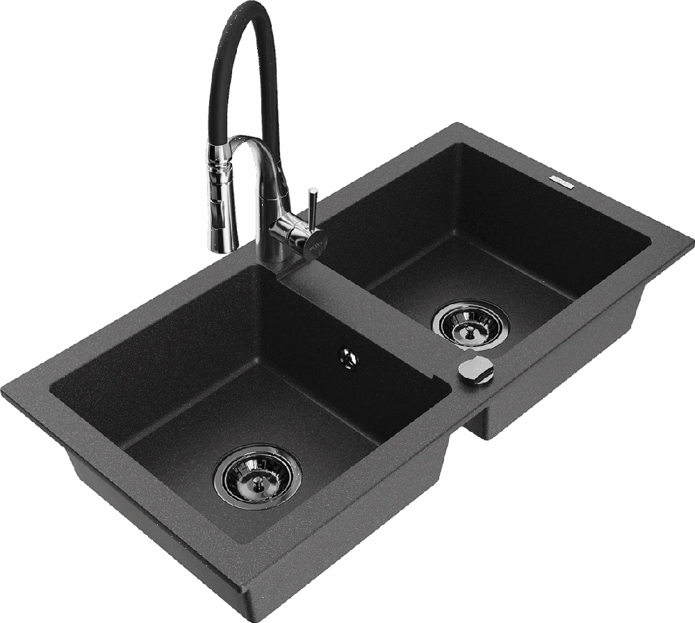 Granitinė virtuvinė plautuvė Mexen Mario su maišytuvu ir sifonu, Juodas granite+Juodas/Chrome