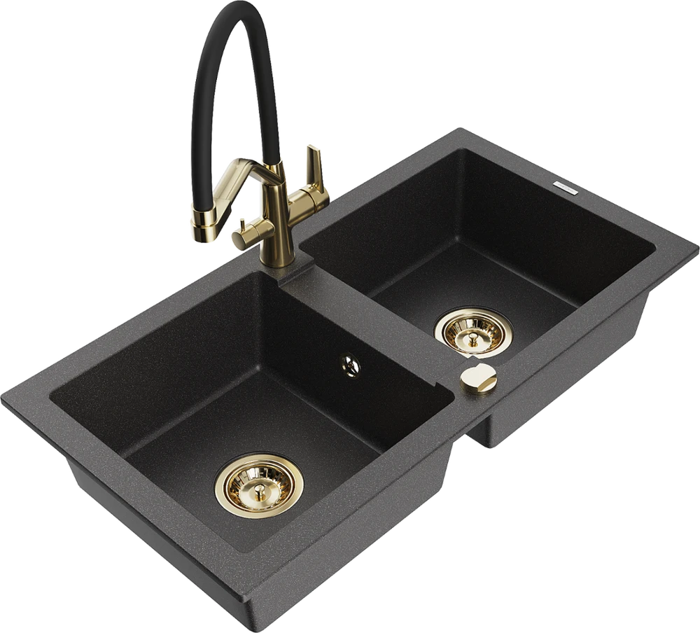 Granitinė virtuvinė plautuvė Mexen Mario su maišytuvu ir sifonu, Juodas granite+Juodas/Gold