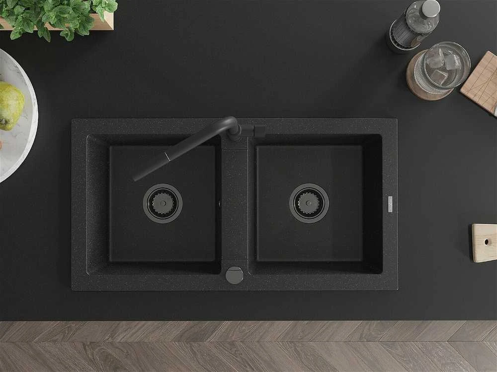 Granitinė virtuvinė plautuvė Mexen Mario su maišytuvu ir sifonu, Metallic juodas/sidabrinis+Juodas