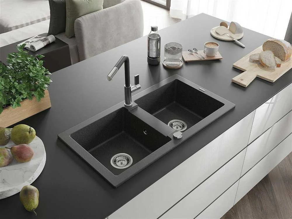 Granitinė virtuvinė plautuvė Mexen Mario su maišytuvu ir sifonu, Juodas granite+Juodas/Chrome
