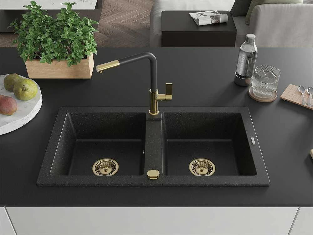 Granitinė virtuvinė plautuvė Mexen Mario su maišytuvu ir sifonu, Metallic juodas/sidabrinis+Juodas/Gold