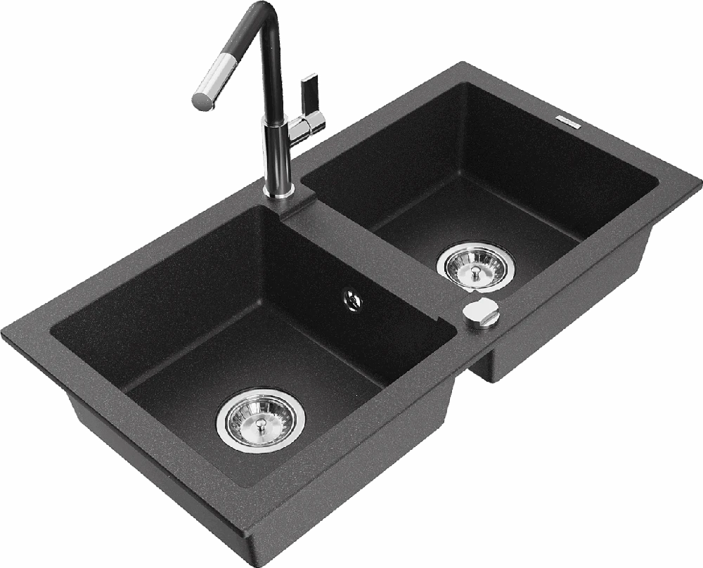 Granitinė virtuvinė plautuvė Mexen Mario su maišytuvu ir sifonu, Juodas granite+Juodas/Chrome