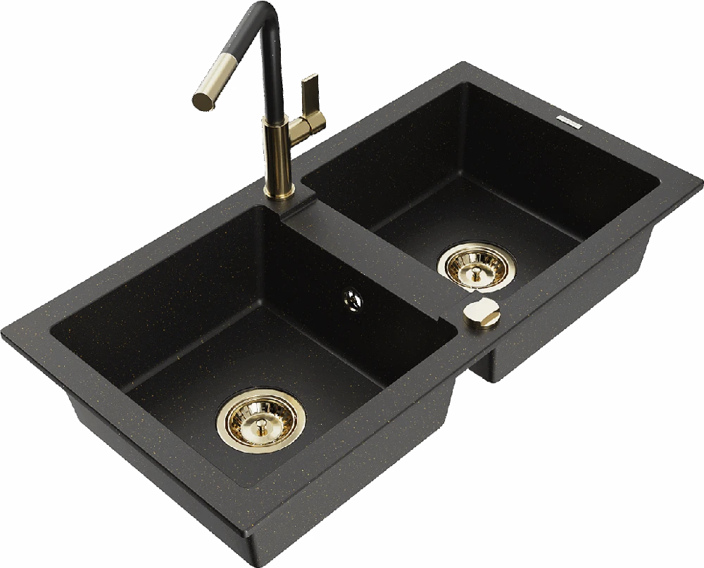 Granitinė virtuvinė plautuvė Mexen Mario su maišytuvu ir sifonu, Metallic juodas/auksinis+Juodas/Gold