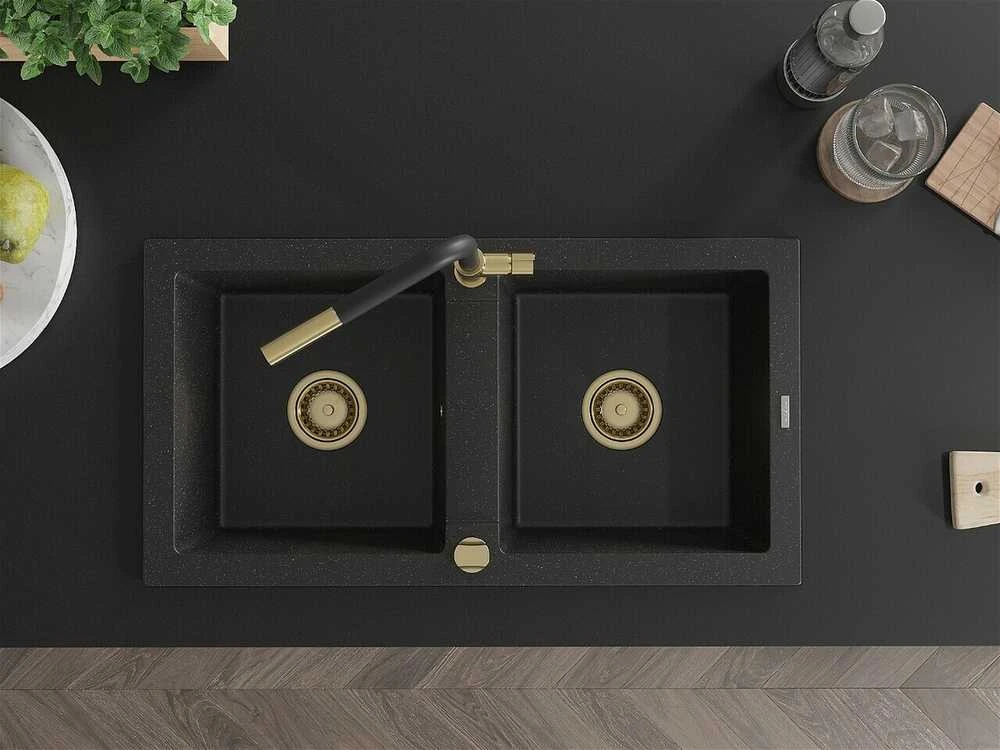 Granitinė virtuvinė plautuvė Mexen Mario su maišytuvu ir sifonu, Metallic juodas/sidabrinis+Juodas/Gold