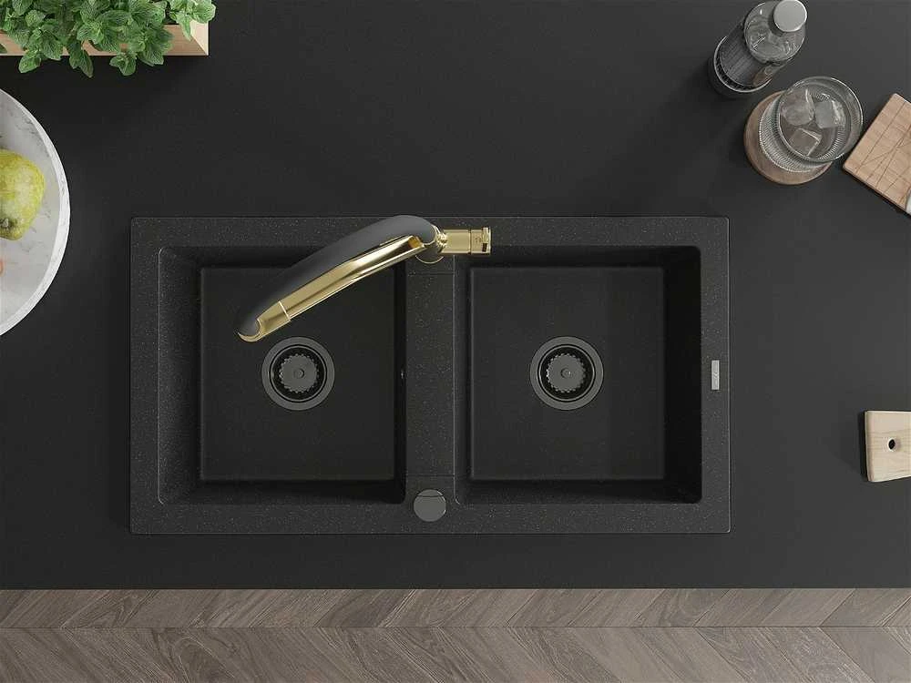 Granitinė virtuvinė plautuvė Mexen Mario su maišytuvu ir sifonu, Metallic juodas/sidabrinis+Juodas/Gold