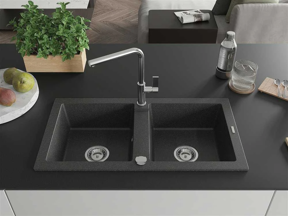 Granitinė virtuvinė plautuvė Mexen Mario su maišytuvu ir sifonu, Juodas granite+Chrome