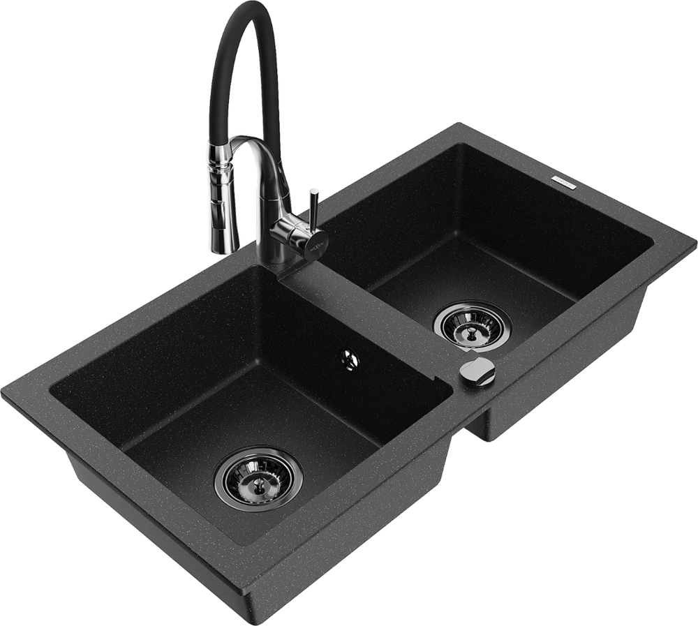 Granitinė virtuvinė plautuvė Mexen Mario su maišytuvu ir sifonu, Metallic juodas/sidabrinis+Juodas/Chrome
