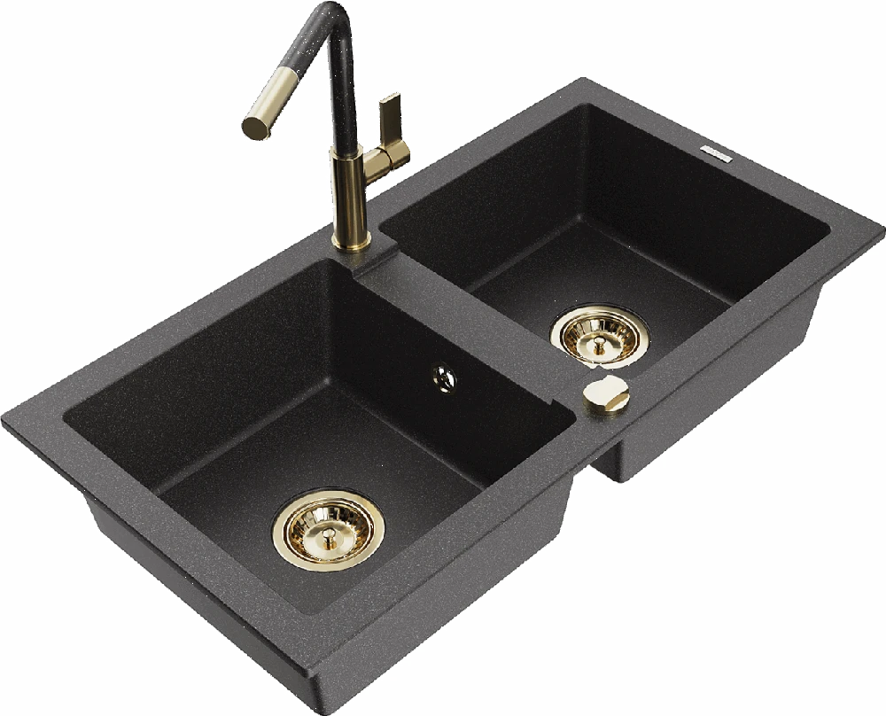 Granitinė virtuvinė plautuvė Mexen Mario su maišytuvu ir sifonu, Juodas granite+Juodas granite/Gold