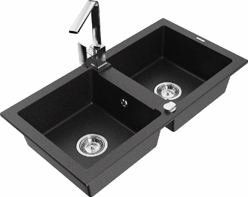 Granitinė virtuvinė plautuvė Mexen Mario su maišytuvu ir sifonu, Metallic juodas/sidabrinis+Chrome