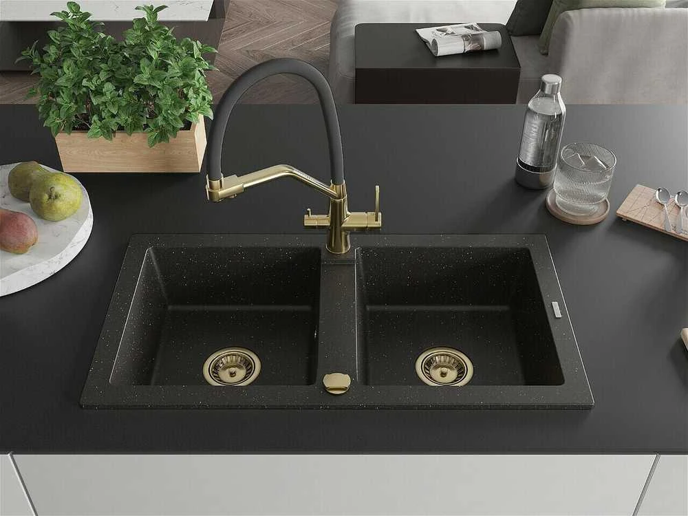Granitinė virtuvinė plautuvė Mexen Mario su maišytuvu ir sifonu, Metallic juodas/auksinis+Juodas/Gold