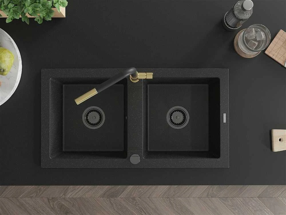 Granitinė virtuvinė plautuvė Mexen Mario su maišytuvu ir sifonu, Metallic juodas/sidabrinis+Juodas/Gold
