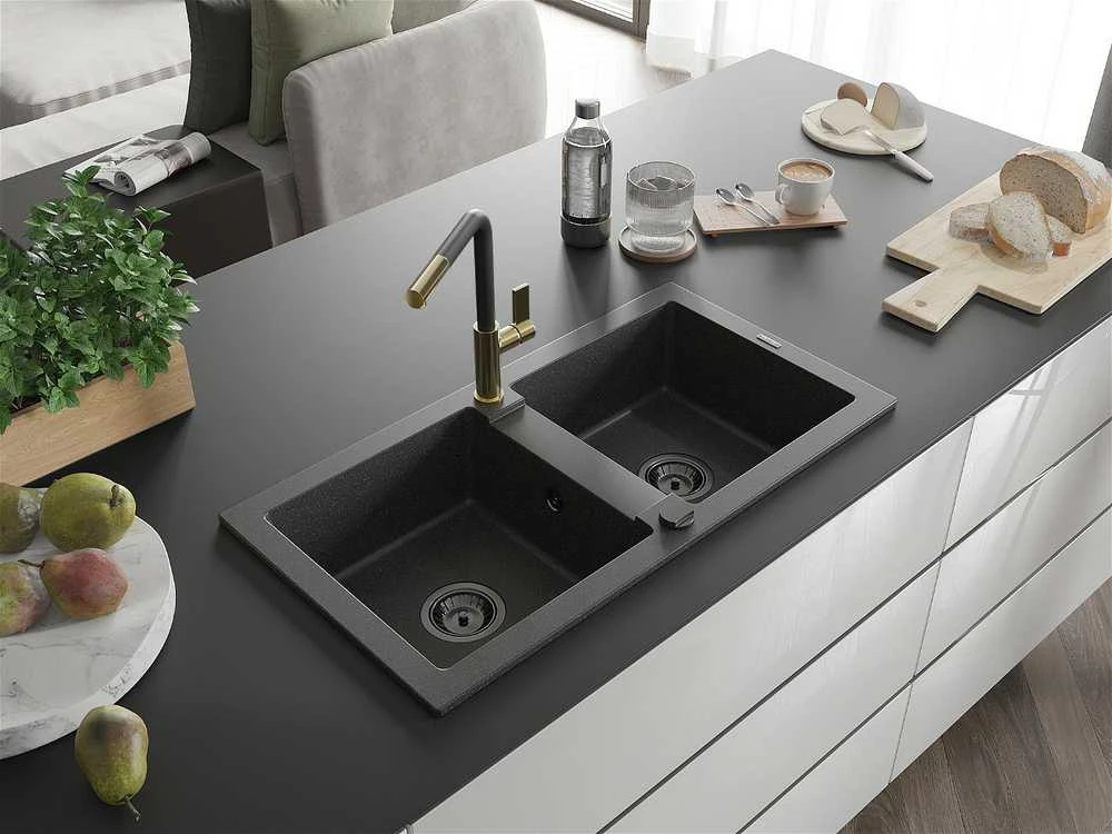 Granitinė virtuvinė plautuvė Mexen Mario su maišytuvu ir sifonu, Juodas granite+Juodas/Gold