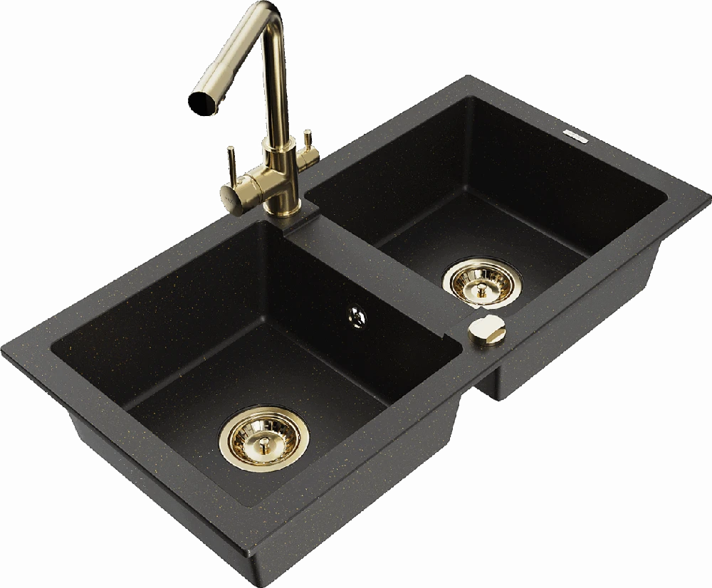 Granitinė virtuvinė plautuvė Mexen Mario su maišytuvu ir sifonu, Metallic juodas/auksinis+Gold