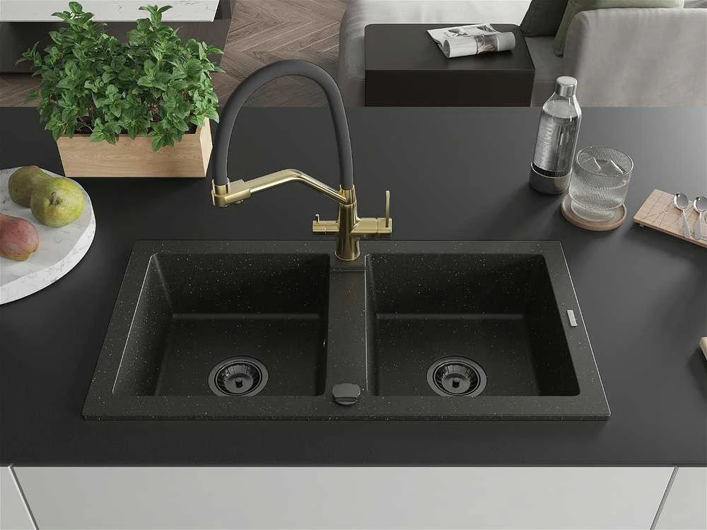 Granitinė virtuvinė plautuvė Mexen Mario su maišytuvu ir sifonu, Metallic juodas/auksinis+Juodas/Gold