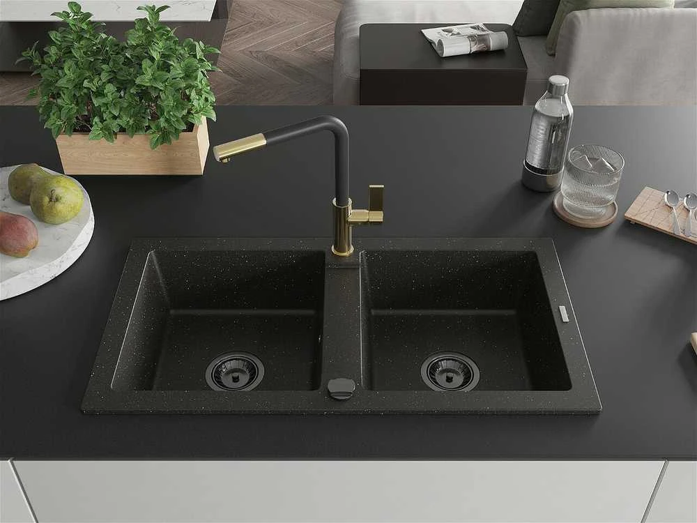 Granitinė virtuvinė plautuvė Mexen Mario su maišytuvu ir sifonu, Metallic juodas/auksinis+Juodas/Gold