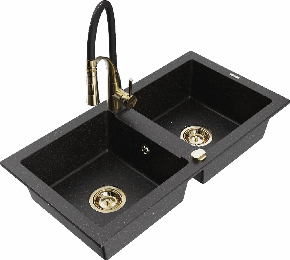 Granitinė virtuvinė plautuvė Mexen Mario su maišytuvu ir sifonu, Metallic juodas/sidabrinis+Juodas/Gold