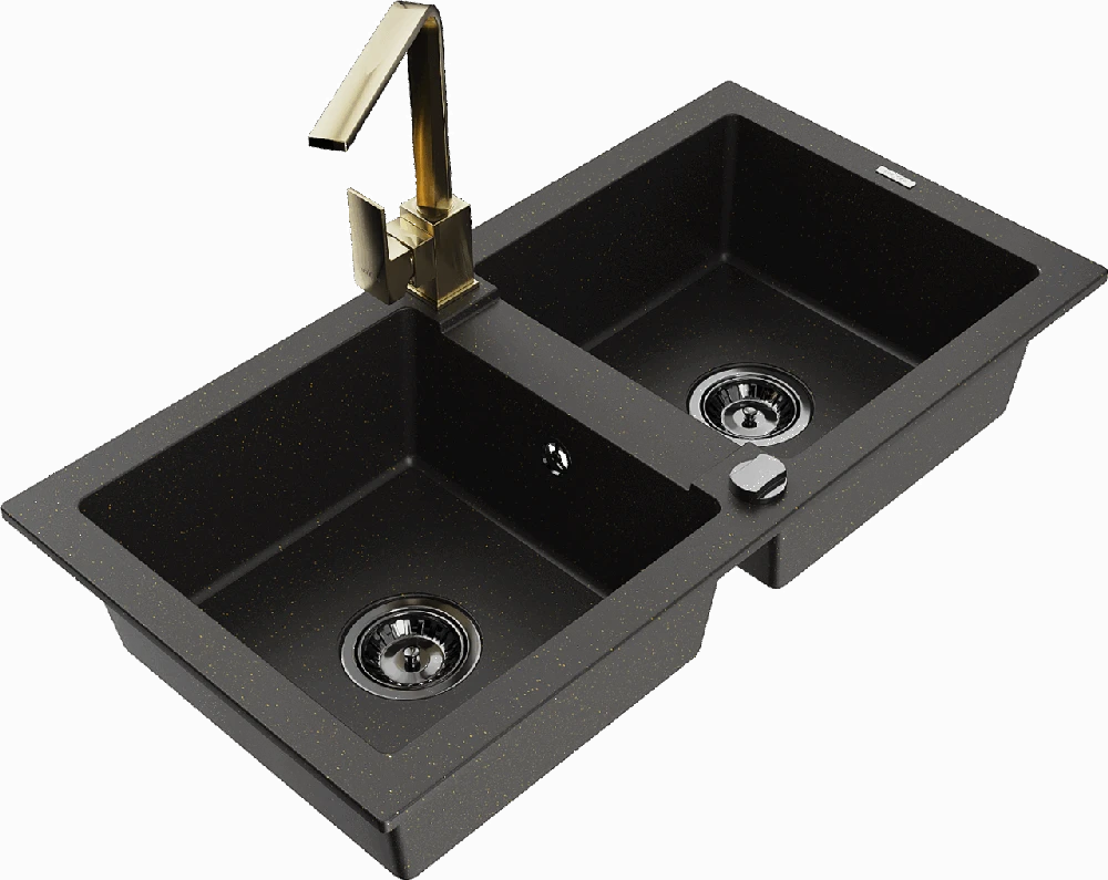 Granitinė virtuvinė plautuvė Mexen Mario su maišytuvu ir sifonu, Metallic juodas/auksinis+Gold