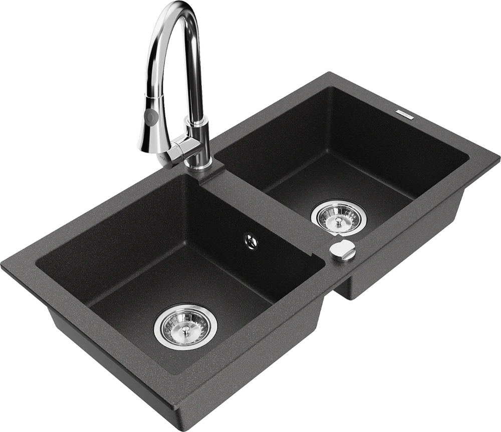 Granitinė virtuvinė plautuvė Mexen Mario su maišytuvu ir sifonu, Juodas granite+Chrome