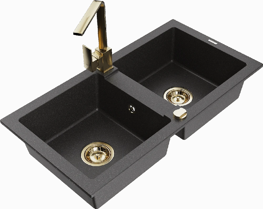 Granitinė virtuvinė plautuvė Mexen Mario su maišytuvu ir sifonu, Juodas granite+Gold