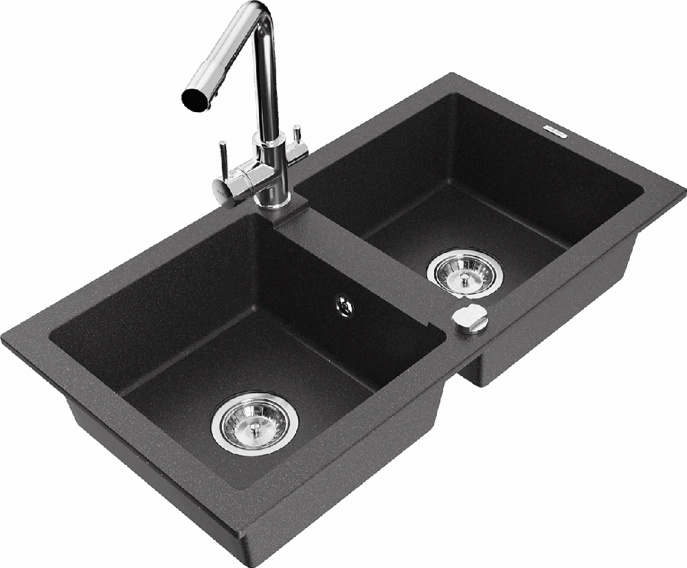 Granitinė virtuvinė plautuvė Mexen Mario su maišytuvu ir sifonu, Juodas granite+Chrome
