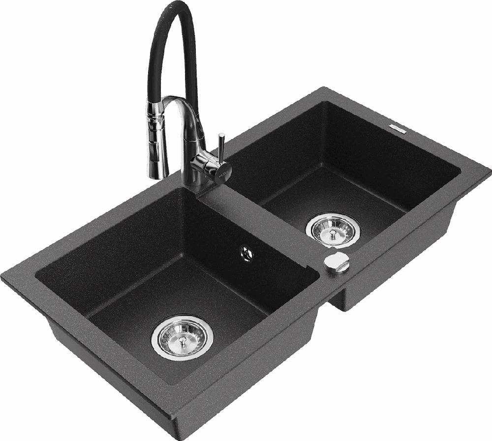 Granitinė virtuvinė plautuvė Mexen Mario su maišytuvu ir sifonu, Juodas granite+Juodas/Chrome