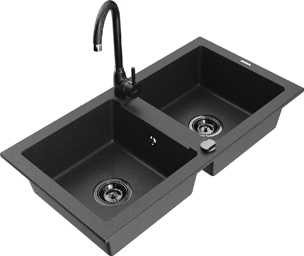 Granitinė virtuvinė plautuvė Mexen Mario su maišytuvu ir sifonu, Juodas granite+Juodas