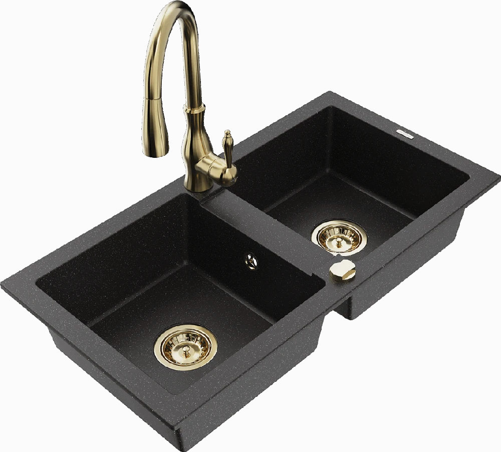 Granitinė virtuvinė plautuvė Mexen Mario su maišytuvu ir sifonu, Metallic juodas/sidabrinis+Gold