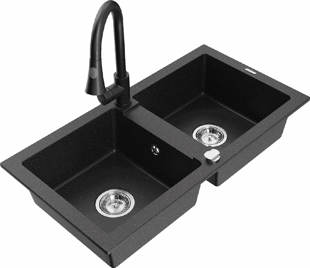 Granitinė virtuvinė plautuvė Mexen Mario su maišytuvu ir sifonu, Metallic juodas/sidabrinis+Juodas