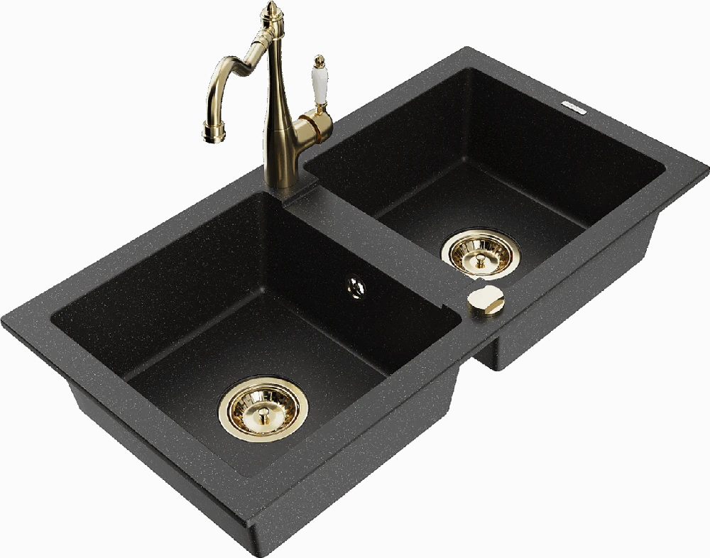 Granitinė virtuvinė plautuvė Mexen Mario su maišytuvu ir sifonu, Metallic juodas/sidabrinis+Gold