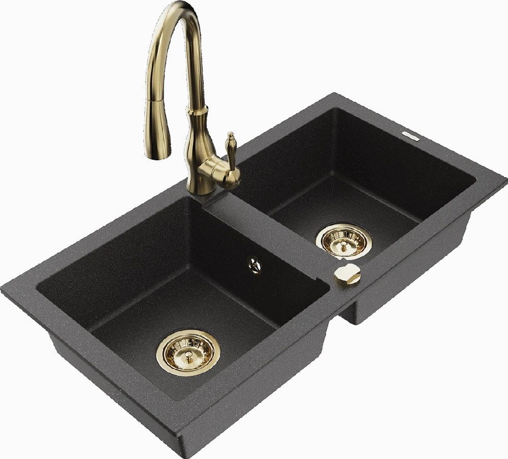 Granitinė virtuvinė plautuvė Mexen Mario su maišytuvu ir sifonu, Juodas granite+Gold