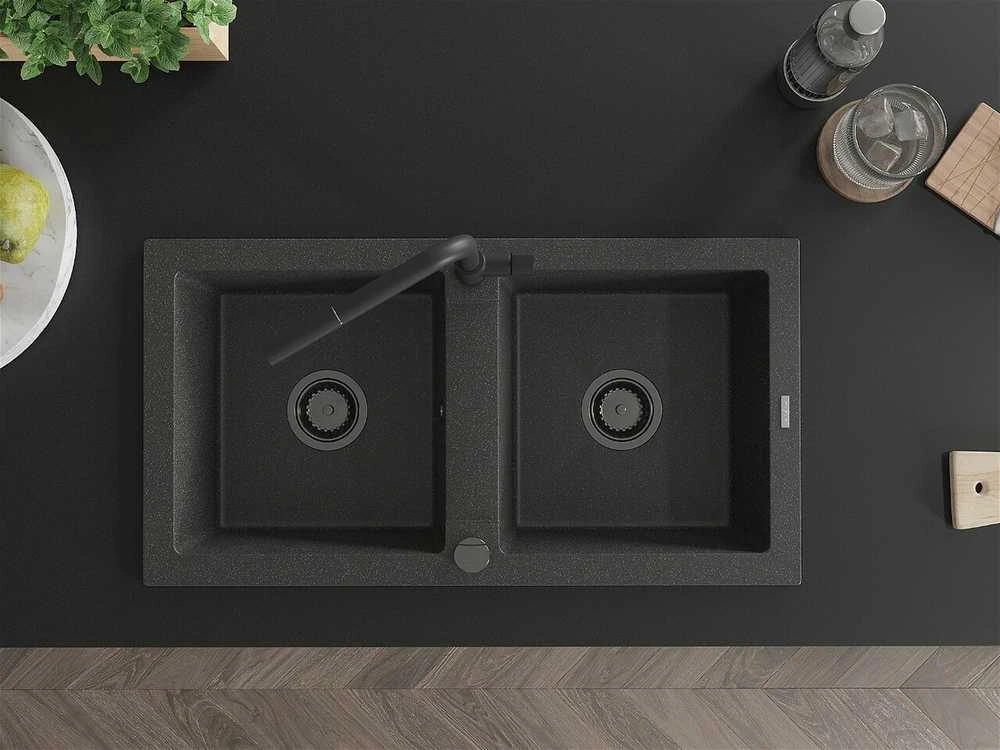 Granitinė virtuvinė plautuvė Mexen Mario su maišytuvu ir sifonu, Juodas granite+Juodas